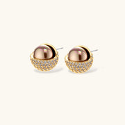 Gold-plated spherical jewelry set with zirconia crystals, featuring dome-shaped pendant and matching stud earrings.