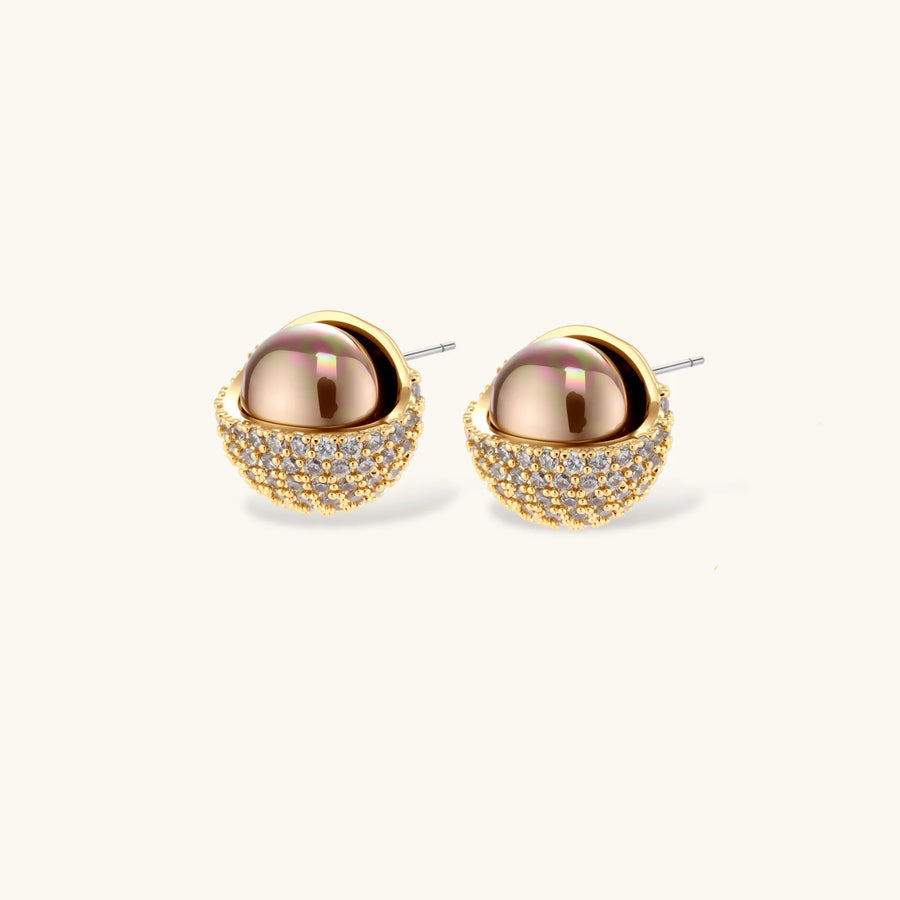 Gold-plated spherical jewelry set with zirconia crystals, featuring dome-shaped pendant and matching stud earrings.