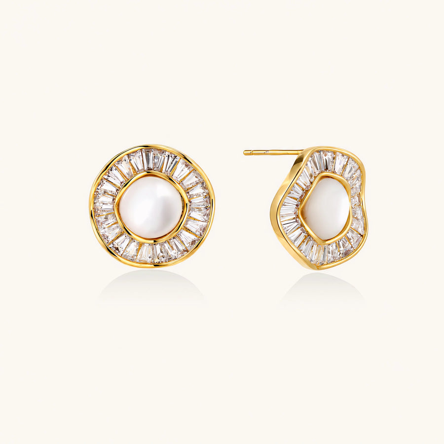 Round 14K gold-plated stud earrings with a mother of pearl center surrounded by baguette-cut crystals, 16mm.