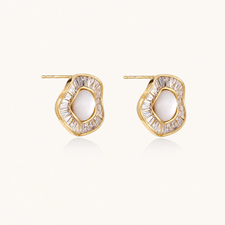 Round 14K gold-plated stud earrings with a mother of pearl center surrounded by baguette-cut crystals, 16mm.