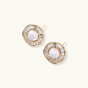 Round 14K gold-plated stud earrings with a mother of pearl center surrounded by baguette-cut crystals, 16mm.