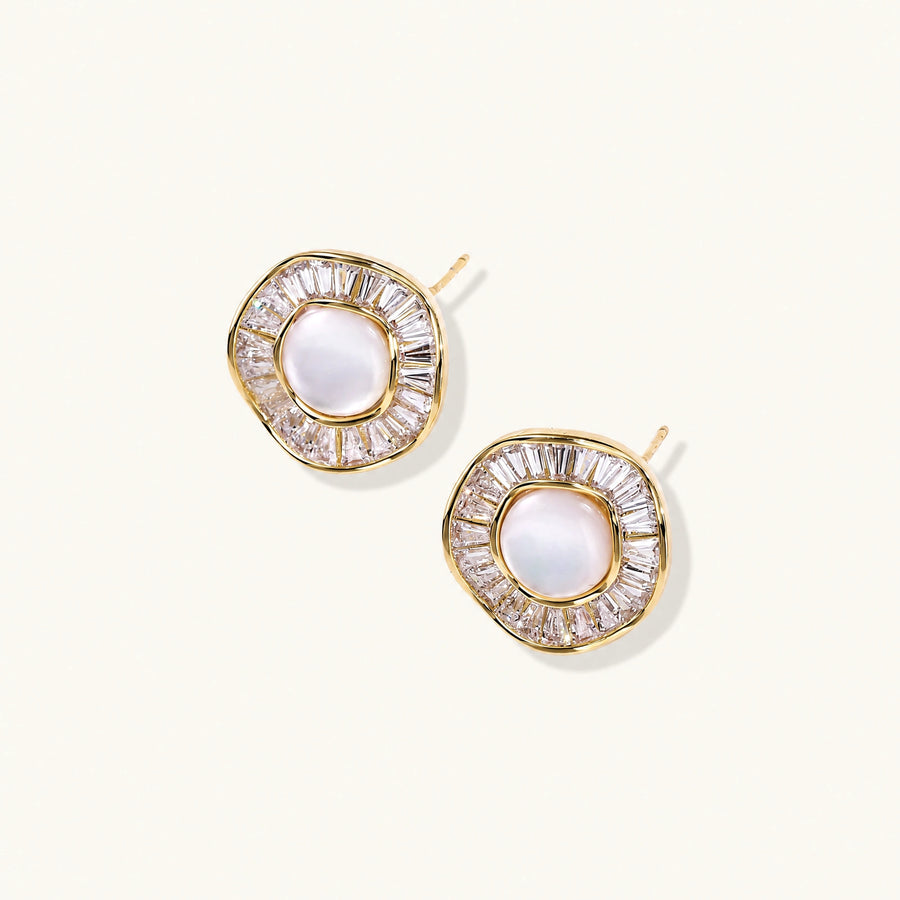 Round 14K gold-plated stud earrings with a mother of pearl center surrounded by baguette-cut crystals, 16mm.