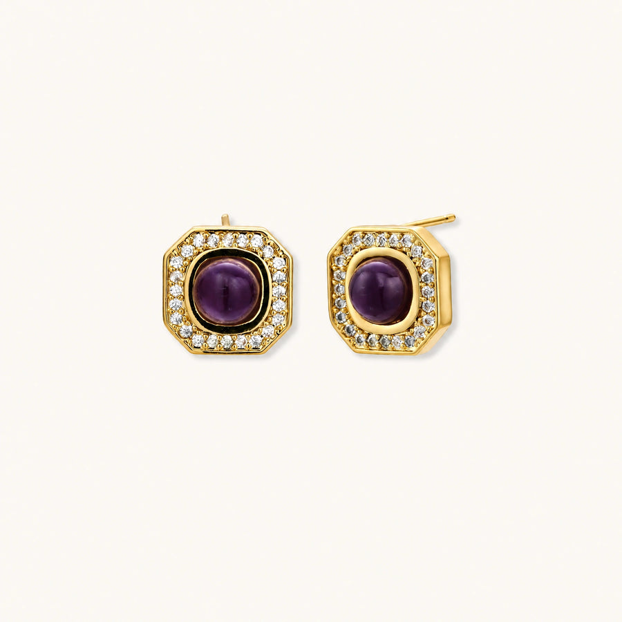 Gold-plated octagonal stud earrings with burgundy liuli centers and cubic zirconia halos on white background
