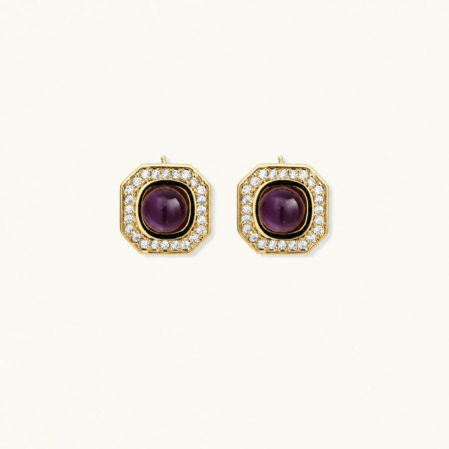 Gold-plated octagonal stud earrings with burgundy liuli centers and cubic zirconia halos on white background