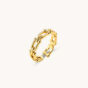 Two adjustable gold rings: chain-link band and halo-style ring with cubic zirconia stones on cream background