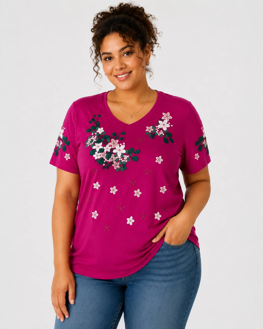 Fuchsia Floral V-Neck Top