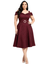 Burgundy Jacquard Fit & Flare Midi Dress