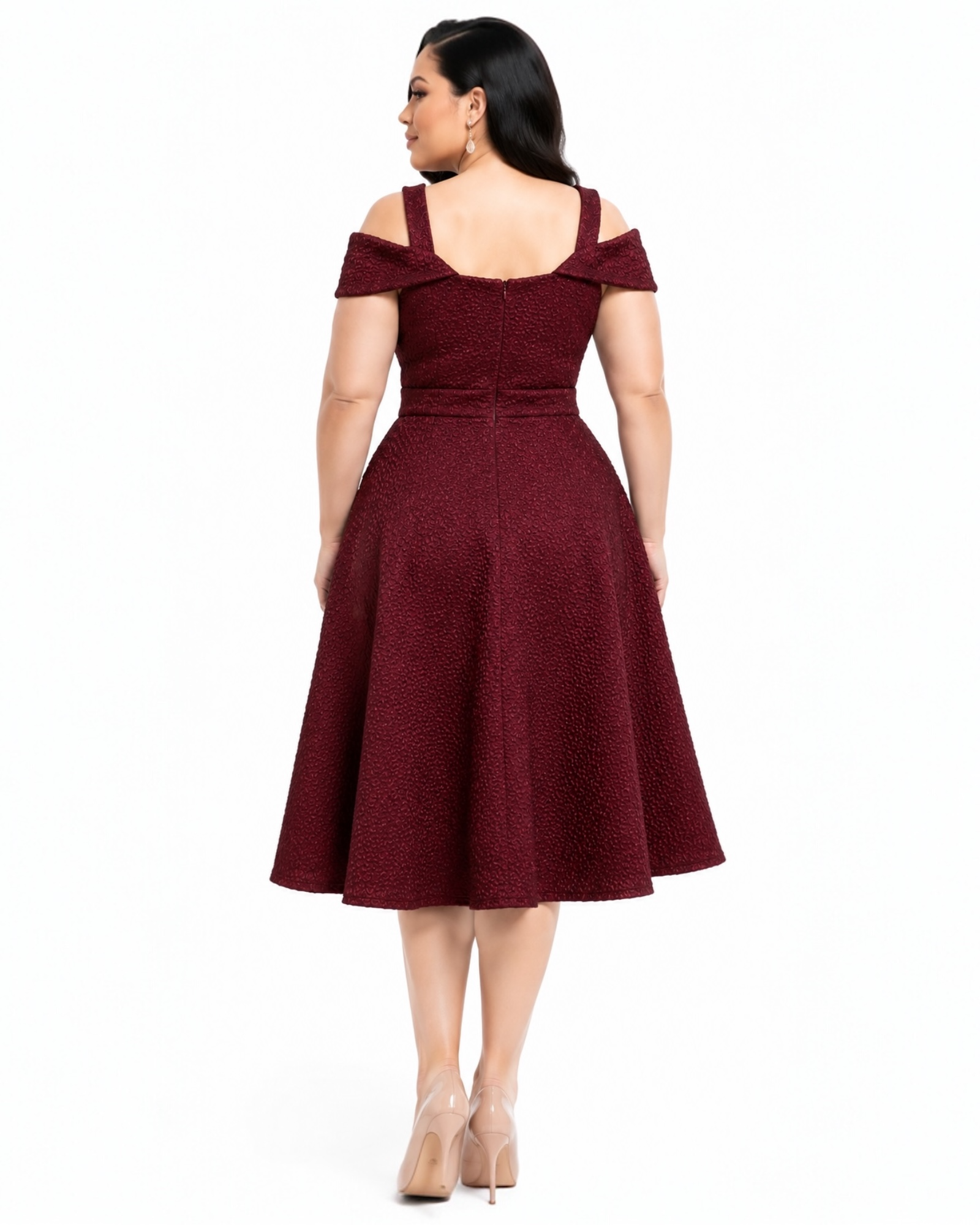Burgundy Jacquard Fit & Flare Midi Dress
