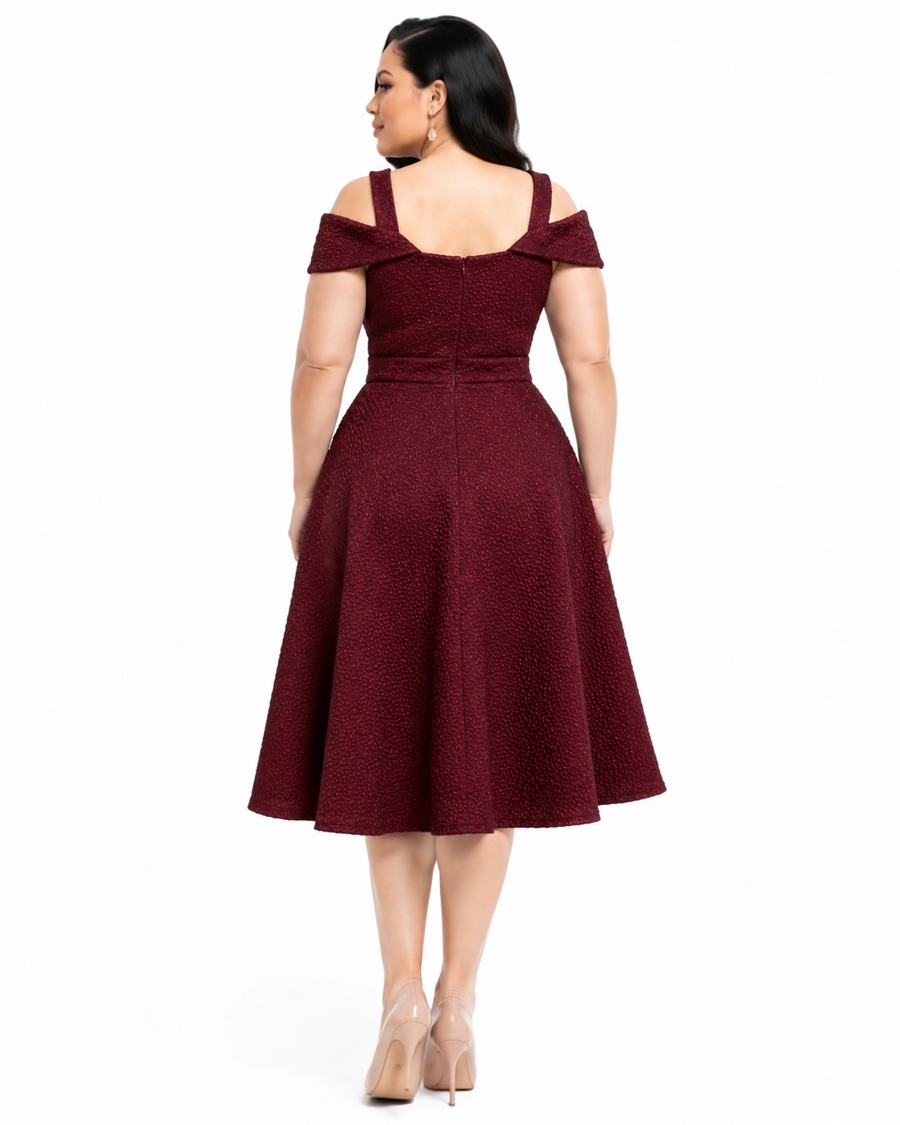 Burgundy Jacquard Fit & Flare Midi Dress