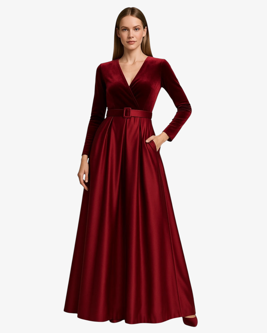 Classy velvet & silk pleated gown