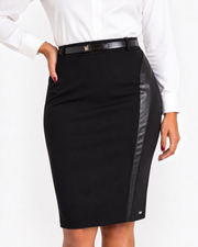 Women’s Black Office Pencil Skirt with Leather Trim