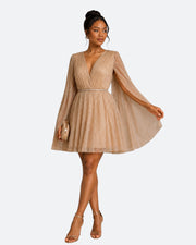 Gold Shimmer Cape Sleeve Mini Dress
