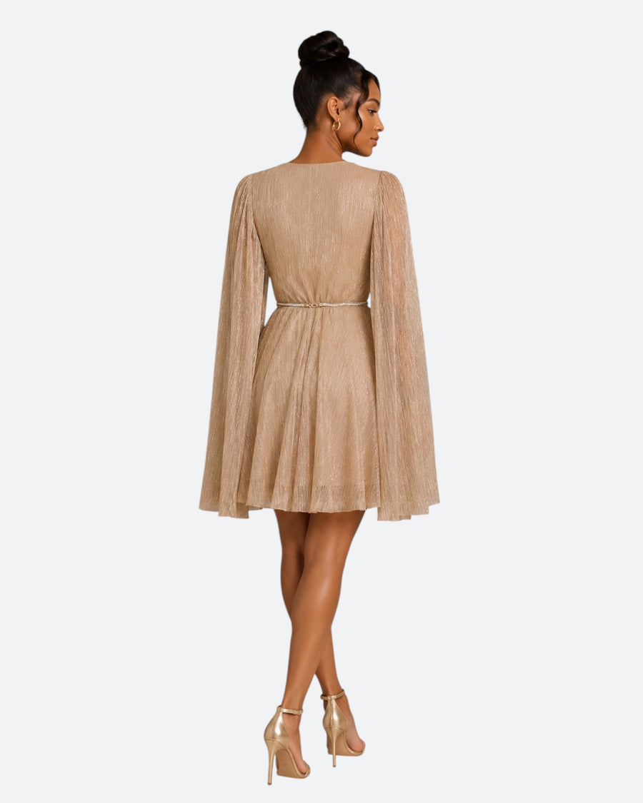 Gold Shimmer Cape Sleeve Mini Dress