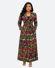 African Print Longline Statement Coat – Black, Orange & Olive