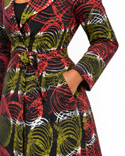African Print Longline Statement Coat – Black, Orange & Olive