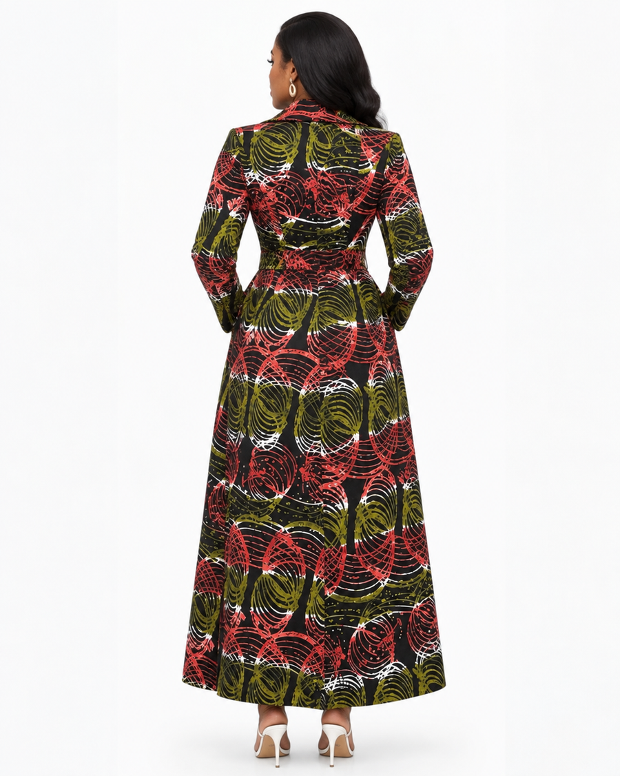 African Print Longline Statement Coat – Black, Orange & Olive