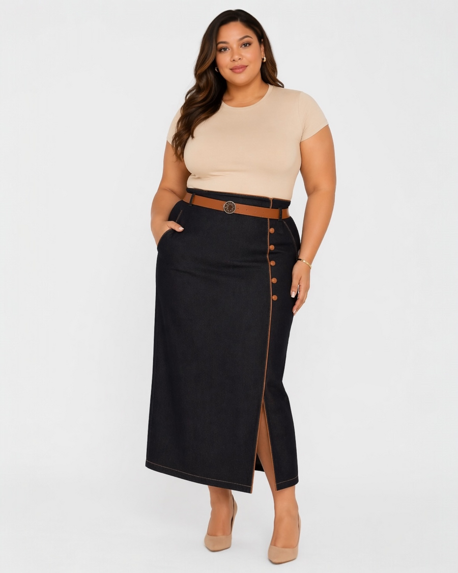 Button Detail Denim Midi Skirt with Slit