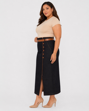 Button Detail Denim Midi Skirt with Slit