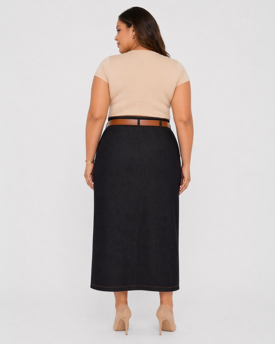 Button Detail Denim Midi Skirt with Slit