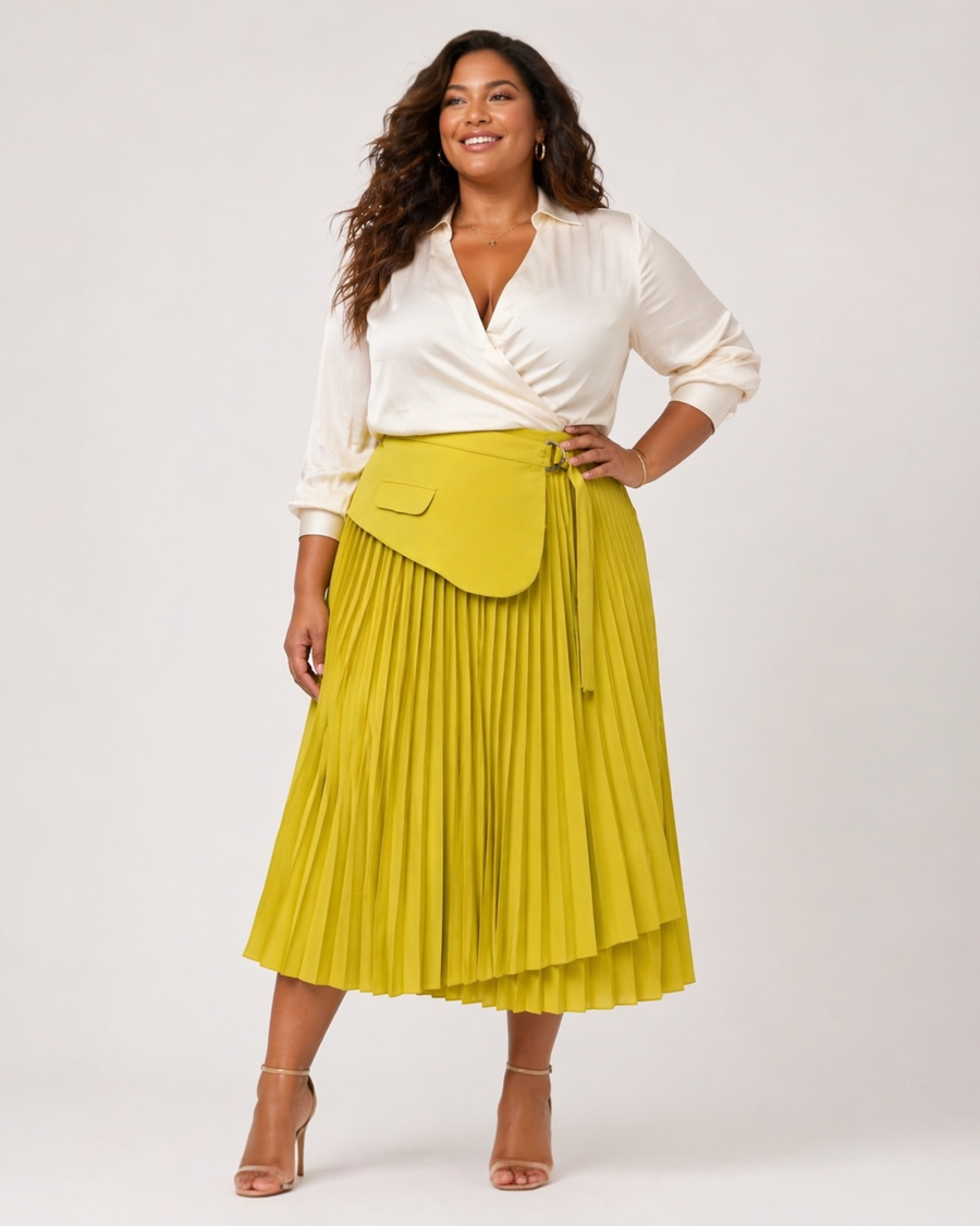 Lime Green Pleated A-Line Midi Skirt.