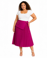 Fuchsia Faux Wrap Pleated Midi Skirt