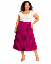 Fuchsia Faux Wrap Pleated Midi Skirt