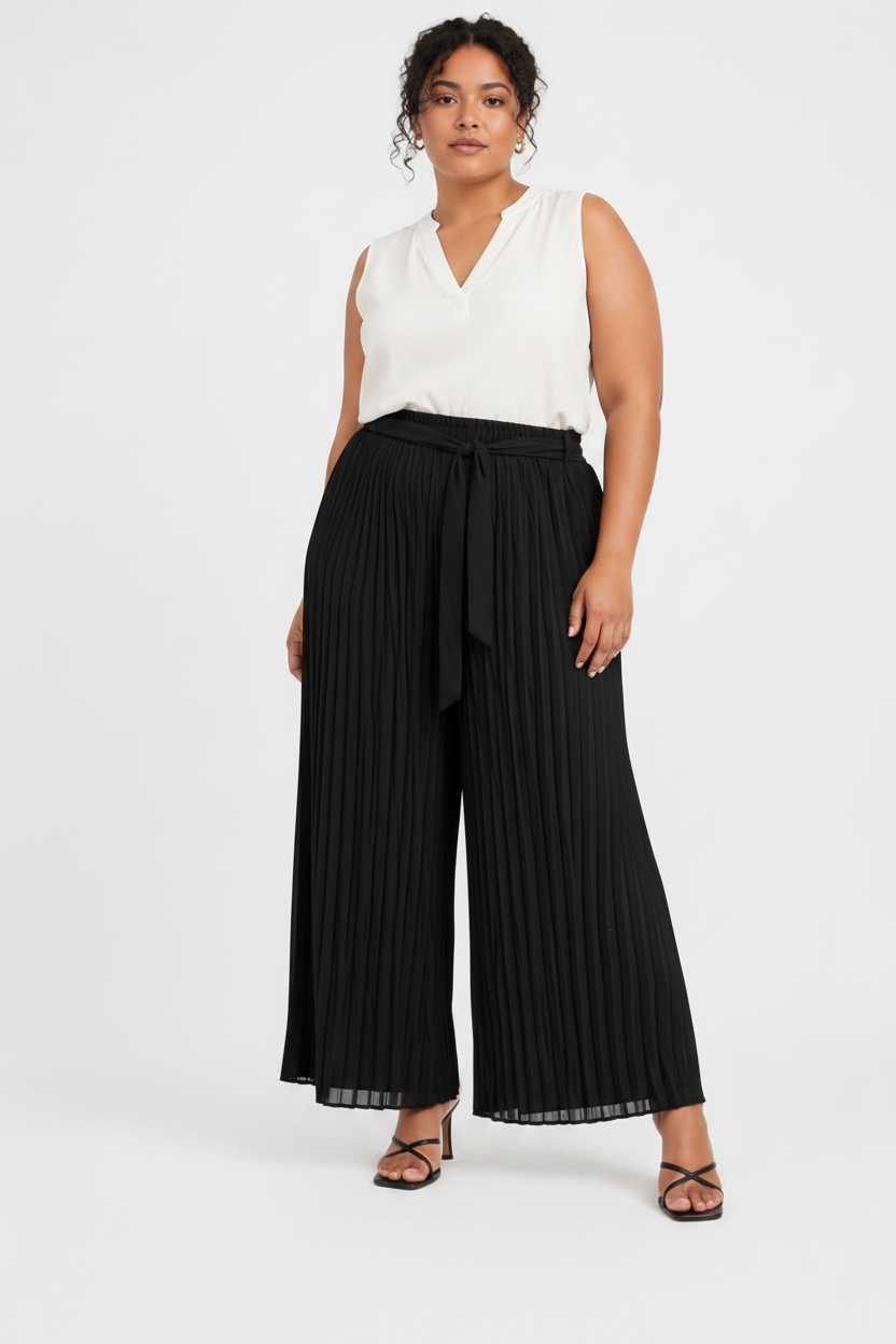Black Pleated Wide-Leg Chiffon Pants