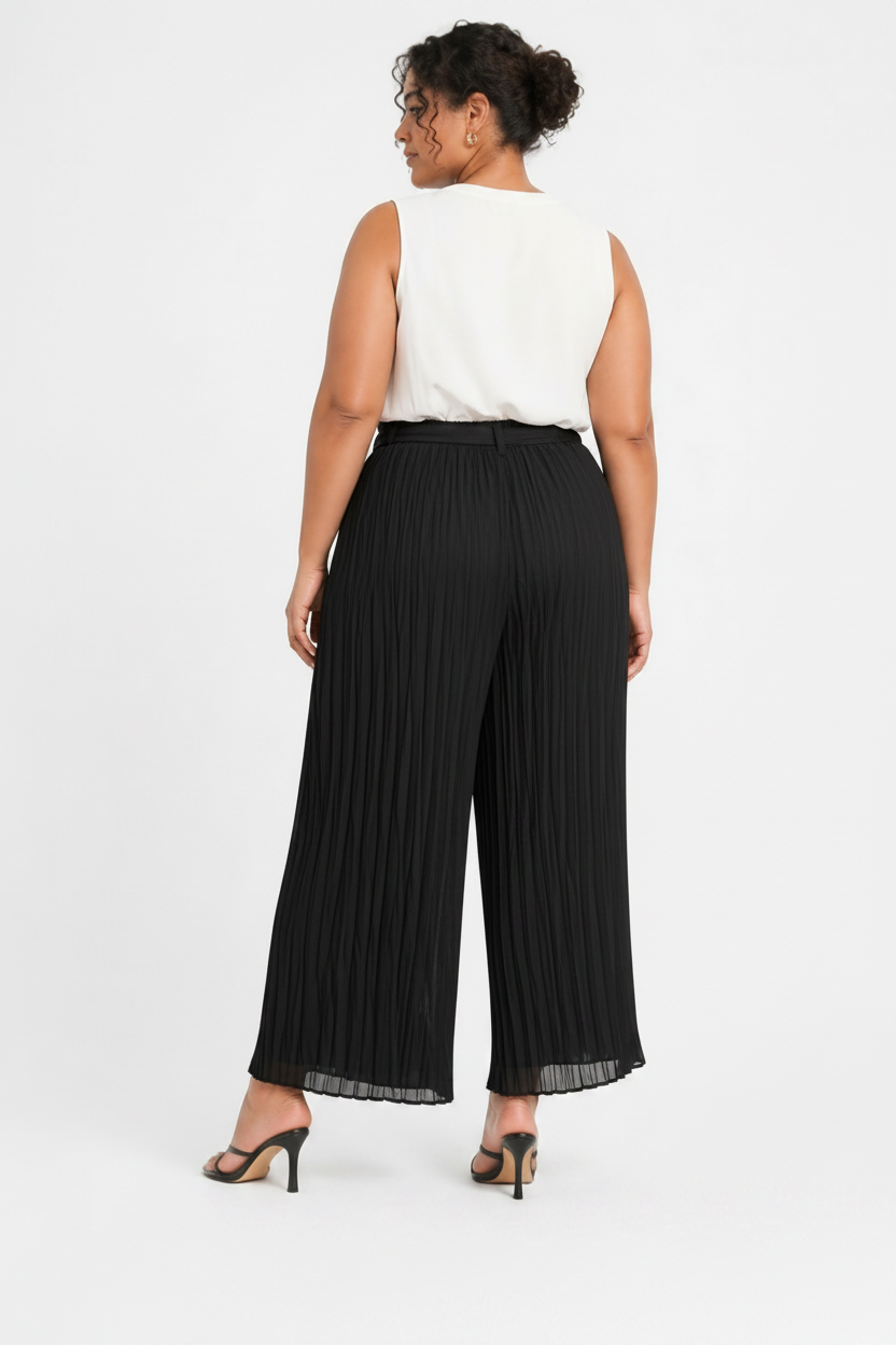 Black Pleated Wide-Leg Chiffon Pants
