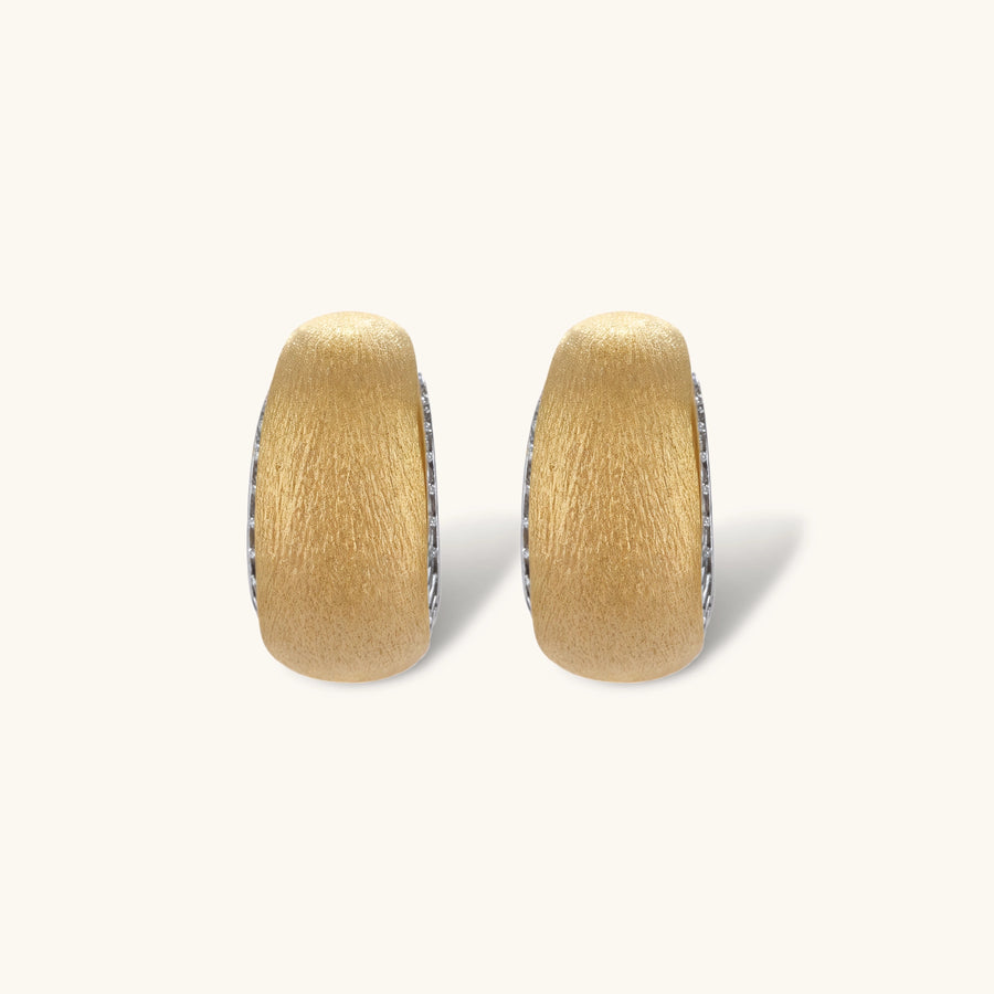 Small gold-plated hoop earrings with crystal accents and brushed finish on white background.