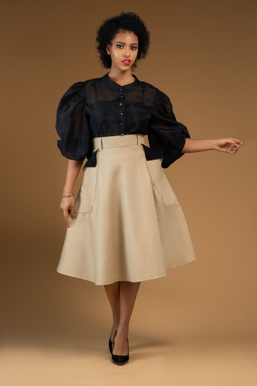 Anita Skirt paired with sheer puffy sleeve organza top