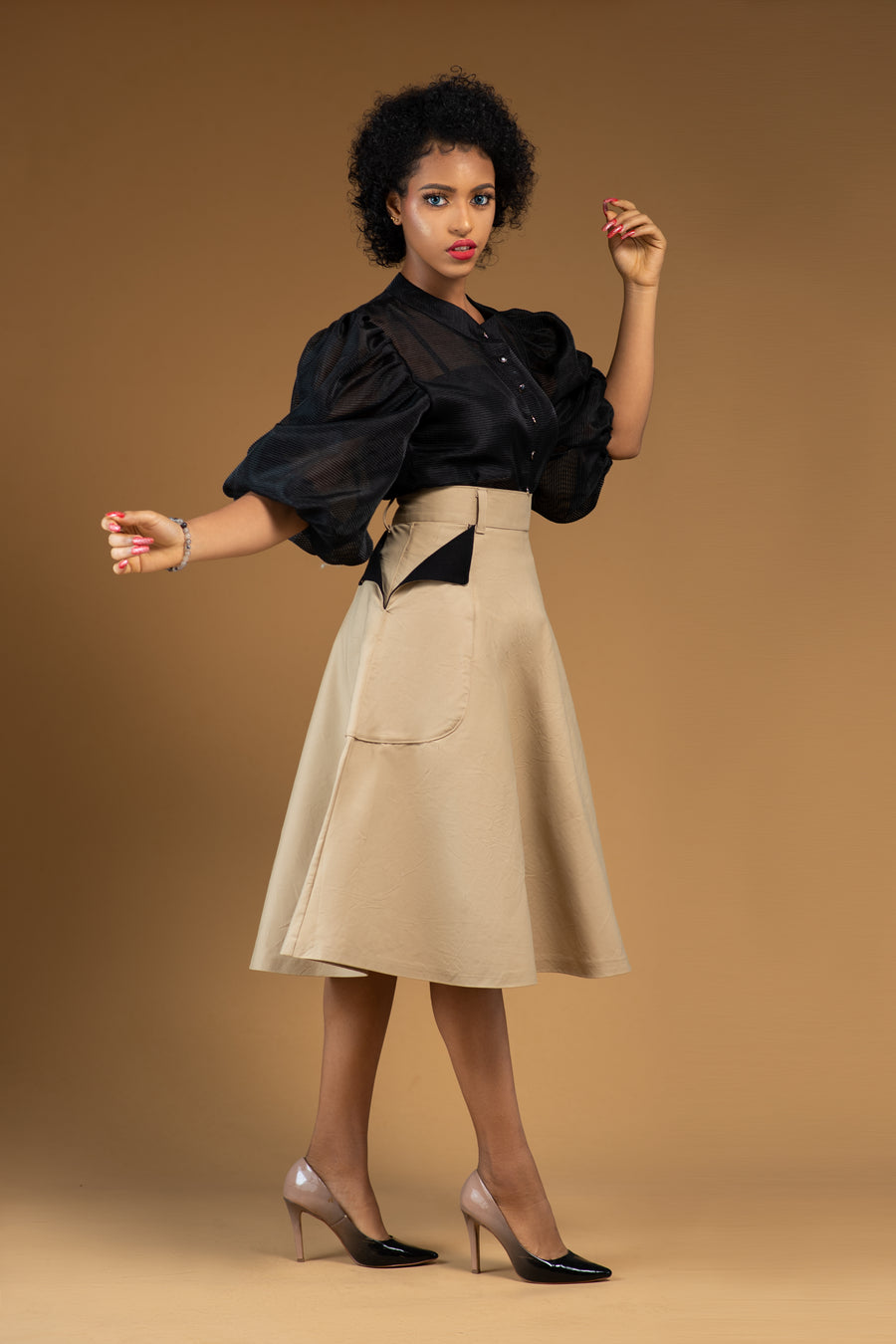 Anita Skirt paired with sheer puffy sleeve organza top